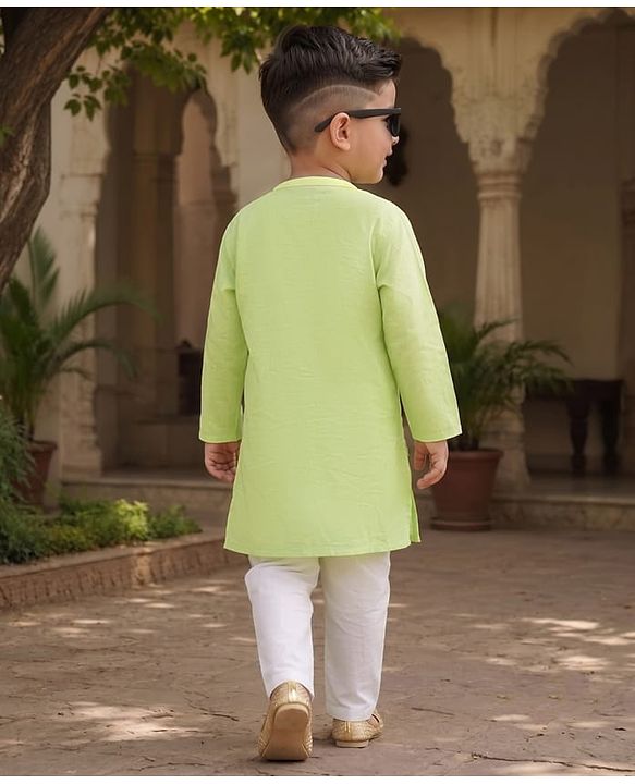 Babyhug Cambric Woven Full Sleeves Solid Kurta & Pyjama Set with Embroidery - Limegreen
