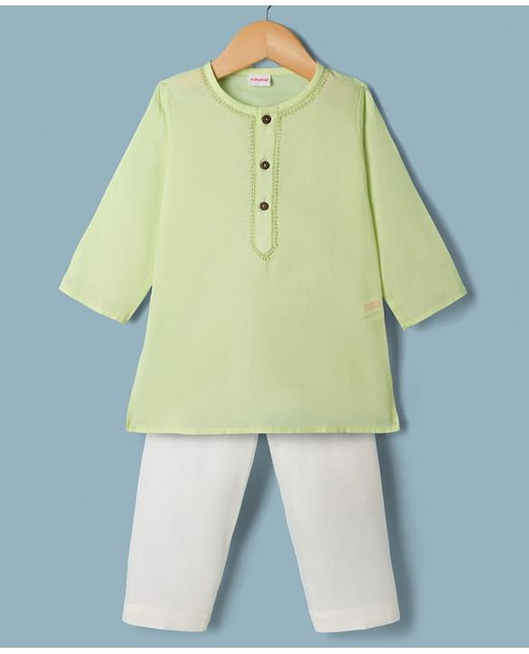 Babyhug Cambric Woven Full Sleeves Solid Kurta & Pyjama Set with Embroidery - Limegreen
