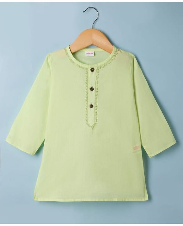 Babyhug Cambric Woven Full Sleeves Solid Kurta & Pyjama Set with Embroidery - Limegreen