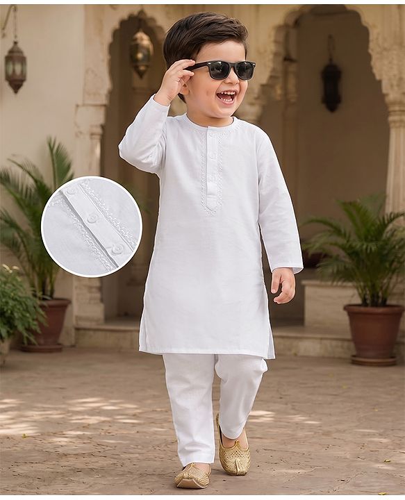 Babyhug Cambric Woven Full Sleeves Solid Kurta & Pajama Set with Embroidery - White