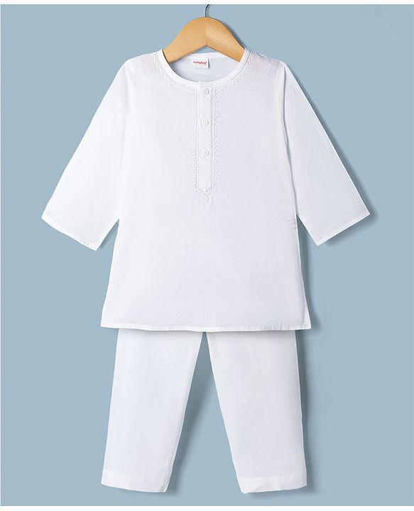 Babyhug Cambric Woven Full Sleeves Solid Kurta & Pajama Set with Embroidery - White