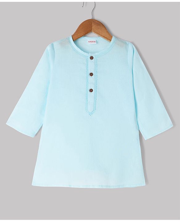 Babyhug Cambric Woven Full Sleeves Kurta Pyjama Set with Placket Embroidery - Aqua Blue