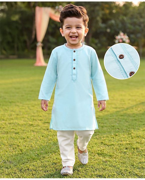 Babyhug Cambric Woven Full Sleeves Kurta Pyjama Set with Placket Embroidery - Aqua Blue