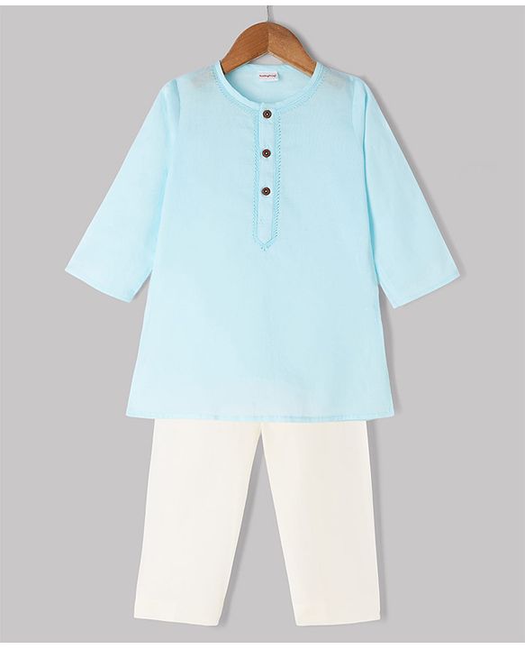 Babyhug Cambric Woven Full Sleeves Kurta Pyjama Set with Placket Embroidery - Aqua Blue