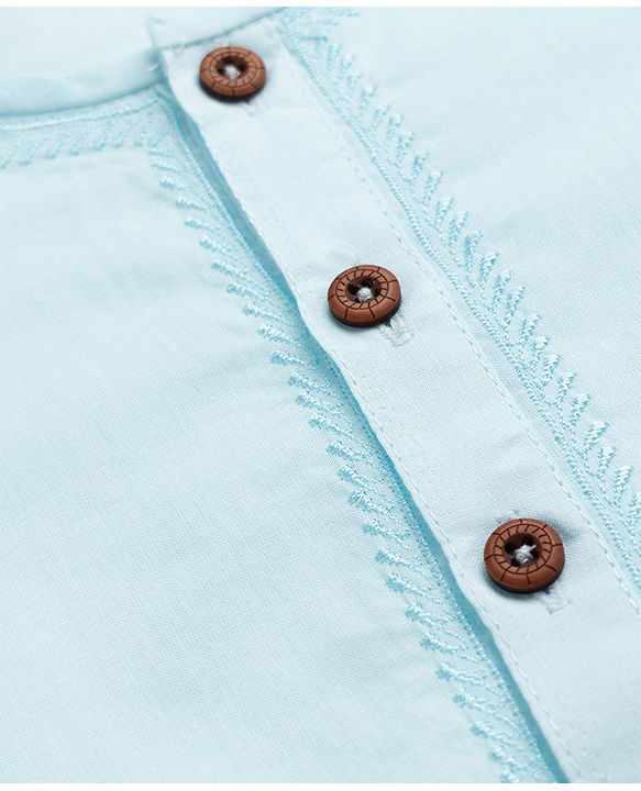 Babyhug Cambric Woven Full Sleeves Kurta Pyjama Set with Placket Embroidery - Aqua Blue