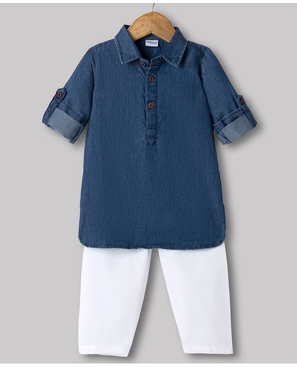 Babyhug Premium 100% Cotton Denim Woven Kurta and Pyjama With Full Sleeves in Blue