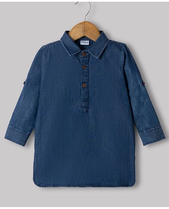 Babyhug Premium 100% Cotton Denim Woven Kurta and Pyjama With Full Sleeves in Blue
