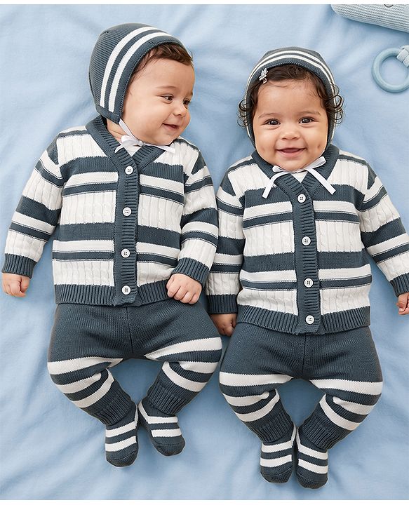 Babyhug Knit Full Sleeves Striped Sweater Sets with Cap & Booties - Grey
