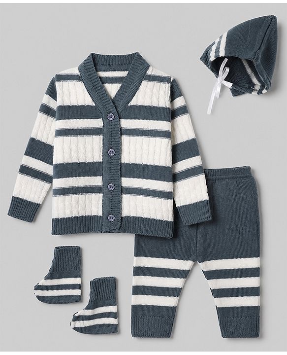 Babyhug Knit Full Sleeves Striped Sweater Sets with Cap & Booties - Grey