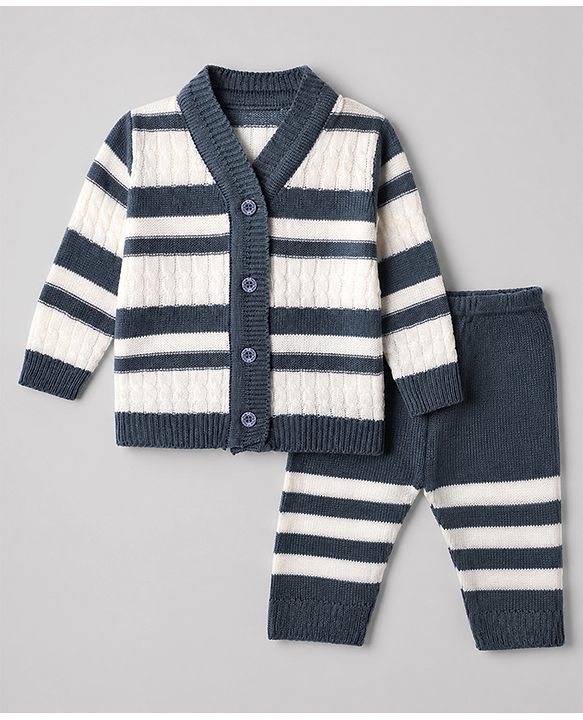 Babyhug Knit Full Sleeves Striped Sweater Sets with Cap & Booties - Grey