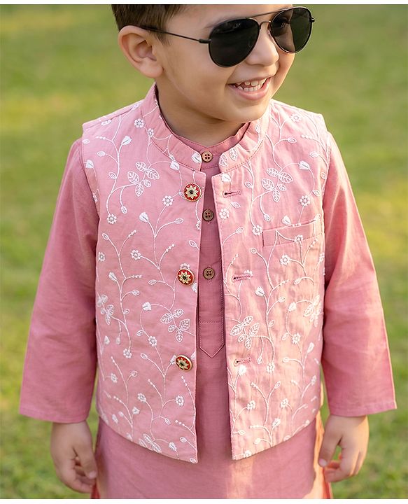 Babyhug Cambric Woven Full Sleeves Solid Kurta Pyjama Set With Floral Embroidered Jacket - Pink