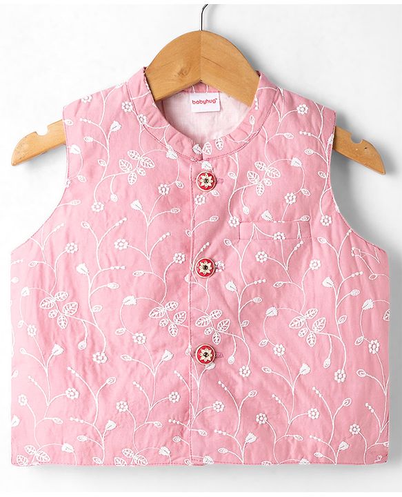 Babyhug Cambric Woven Full Sleeves Solid Kurta Pyjama Set With Floral Embroidered Jacket - Pink