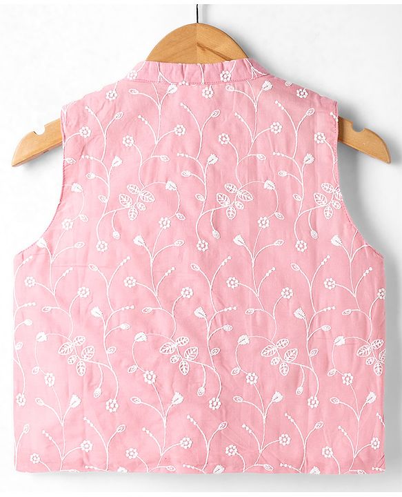 Babyhug Cambric Woven Full Sleeves Solid Kurta Pyjama Set With Floral Embroidered Jacket - Pink
