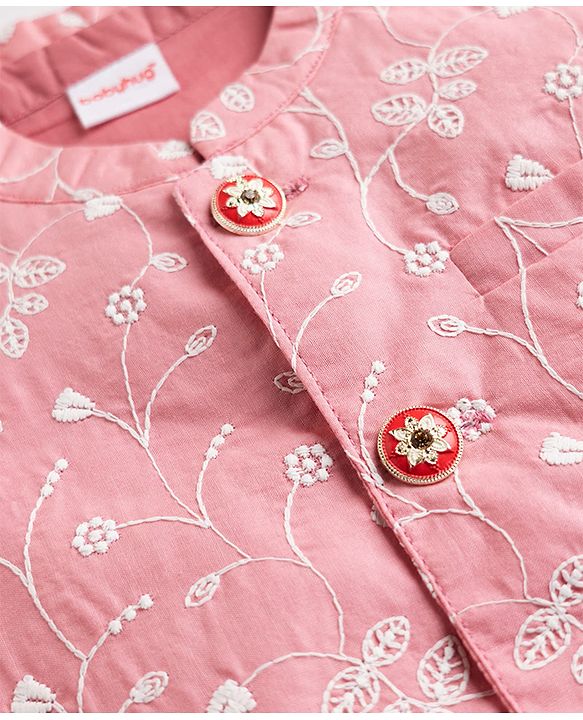 Babyhug Cambric Woven Full Sleeves Solid Kurta Pyjama Set With Floral Embroidered Jacket - Pink