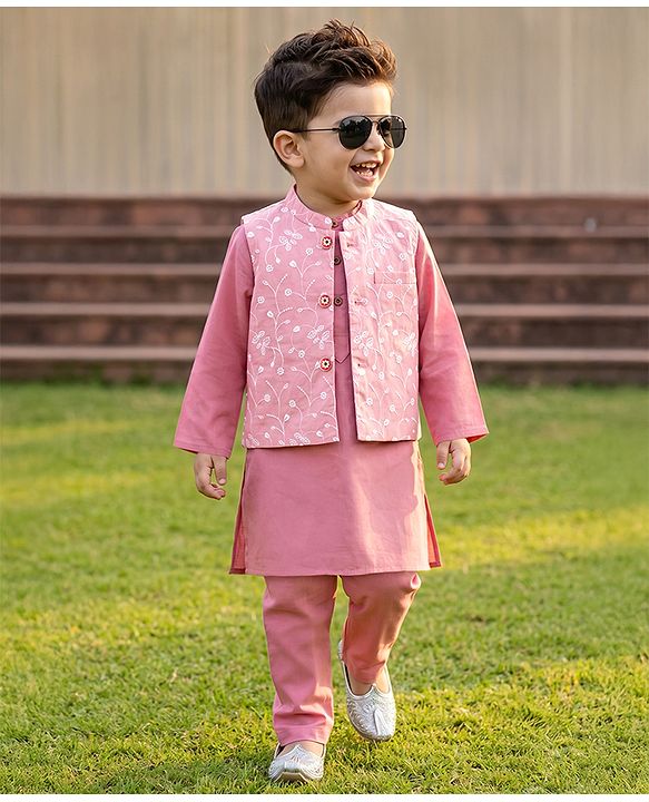 Babyhug Cambric Woven Full Sleeves Solid Kurta Pyjama Set With Floral Embroidered Jacket - Pink