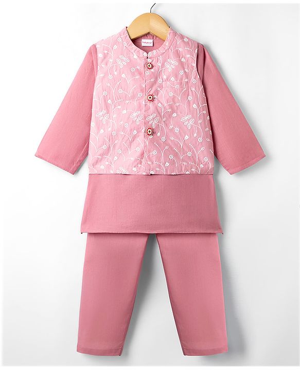 Babyhug Cambric Woven Full Sleeves Solid Kurta Pyjama Set With Floral Embroidered Jacket - Pink