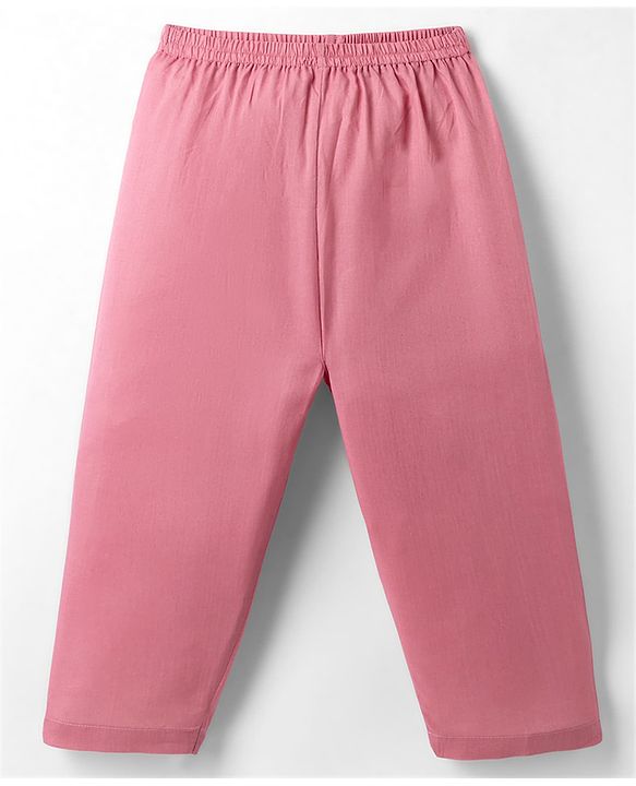 Babyhug Cambric Woven Full Sleeves Solid Kurta Pyjama Set With Floral Embroidered Jacket - Pink