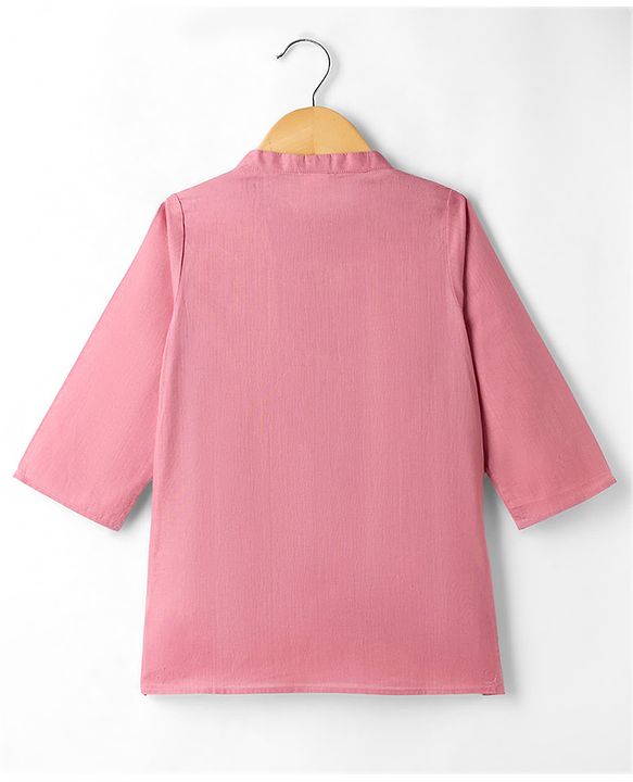 Babyhug Cambric Woven Full Sleeves Solid Kurta Pyjama Set With Floral Embroidered Jacket - Pink