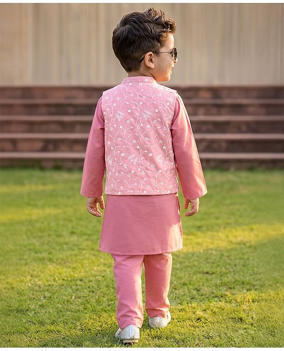 Babyhug Cambric Woven Full Sleeves Solid Kurta Pyjama Set With Floral Embroidered Jacket - Pink