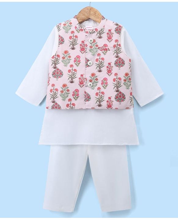 Babyhug Cambric Woven Full Sleves Kurta Pyjama Set and Jacket with Floral Print - Offwhite