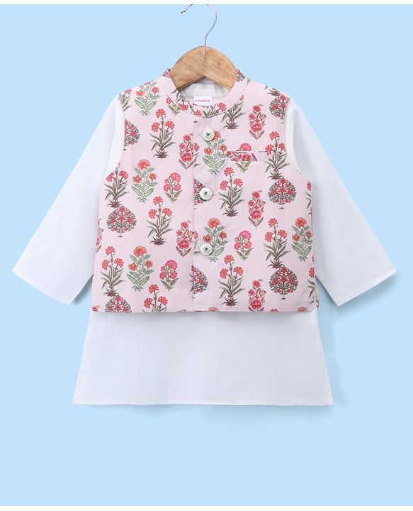 Babyhug Cambric Woven Full Sleves Kurta Pyjama Set and Jacket with Floral Print - Offwhite