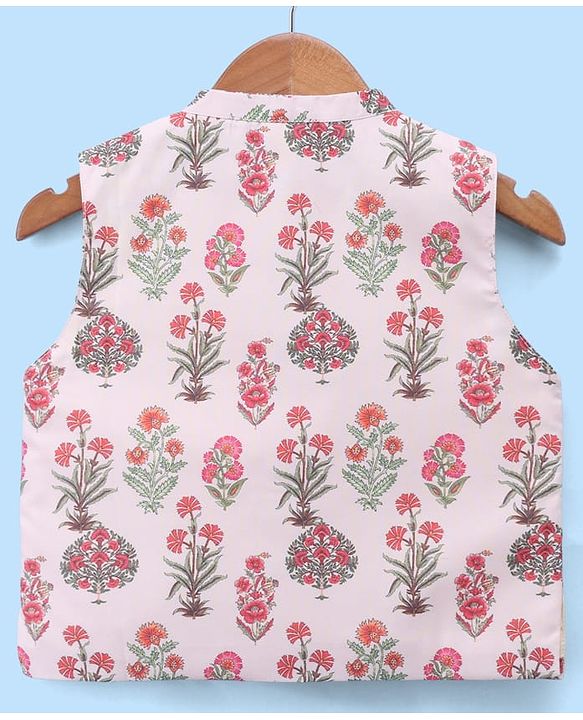 Babyhug Cambric Woven Full Sleves Kurta Pyjama Set and Jacket with Floral Print - Offwhite