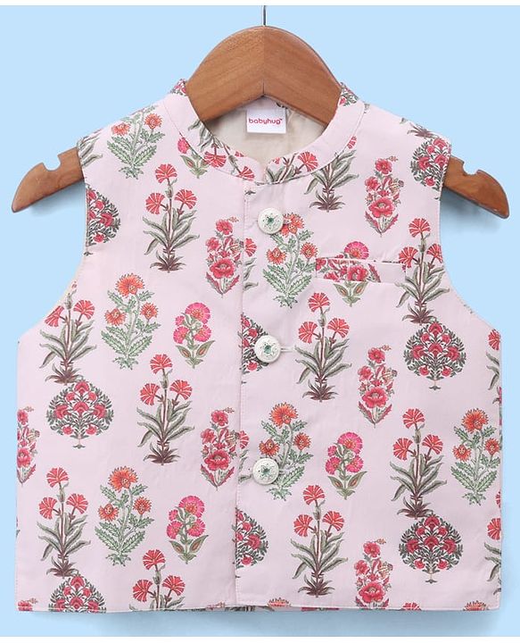 Babyhug Cambric Woven Full Sleves Kurta Pyjama Set and Jacket with Floral Print - Offwhite