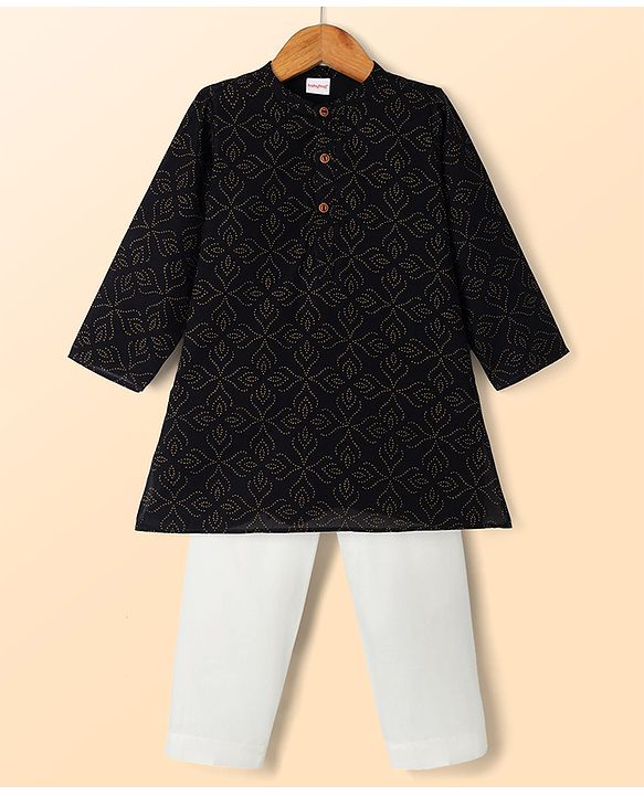 Babyhug Cambric Woven Full Sleeves Kurta & Pyjama Set with Leaf Foil Print - Black