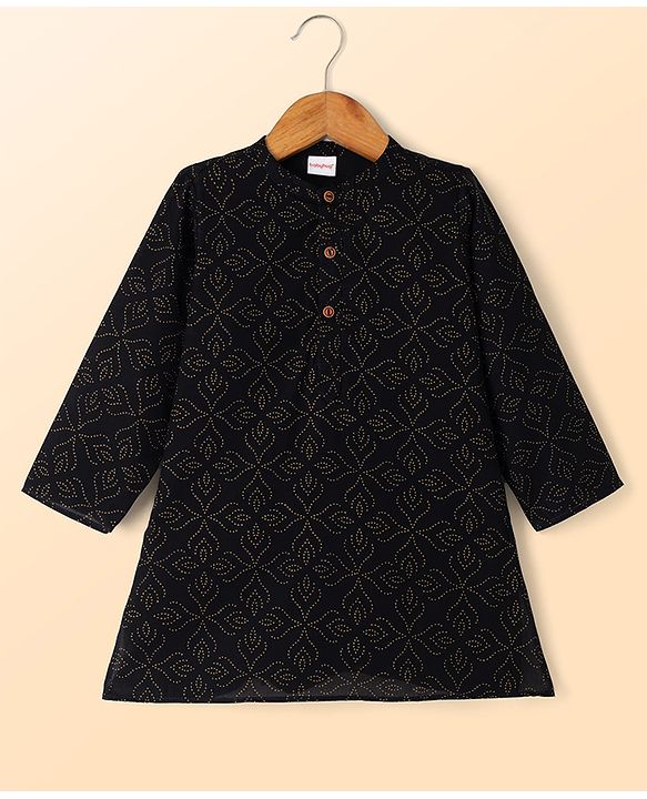 Babyhug Cambric Woven Full Sleeves Kurta & Pyjama Set with Leaf Foil Print - Black