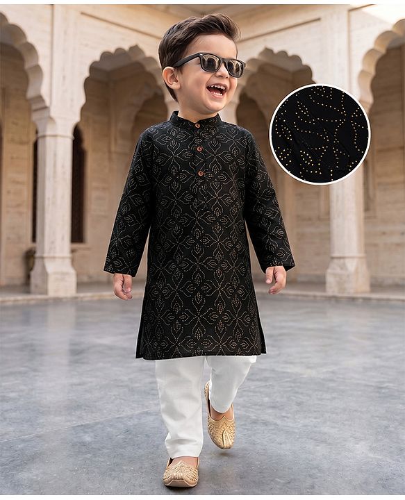 Babyhug Cambric Woven Full Sleeves Kurta & Pyjama Set with Leaf Foil Print - Black