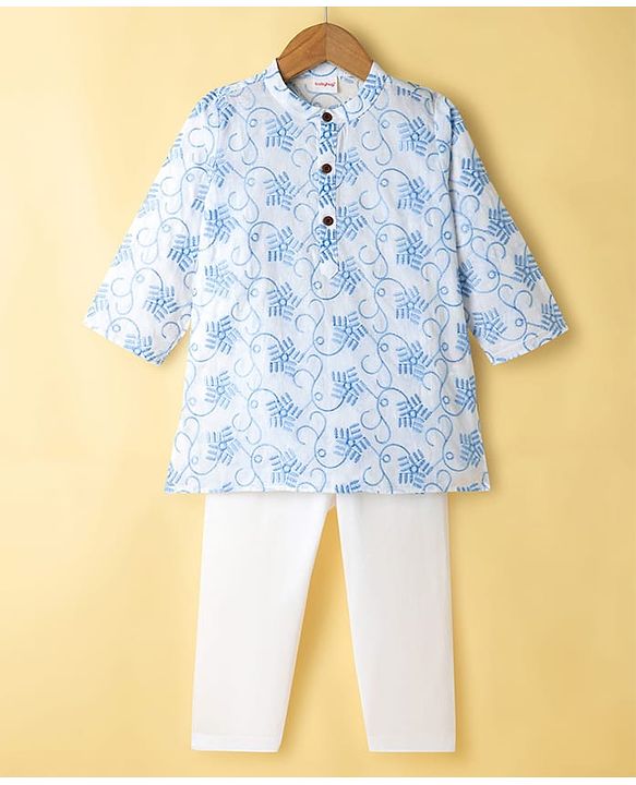 Babyhug 100% Cotton Cambric Woven Embroidered Full Sleeves Kurta Pajama Set - Blue & White