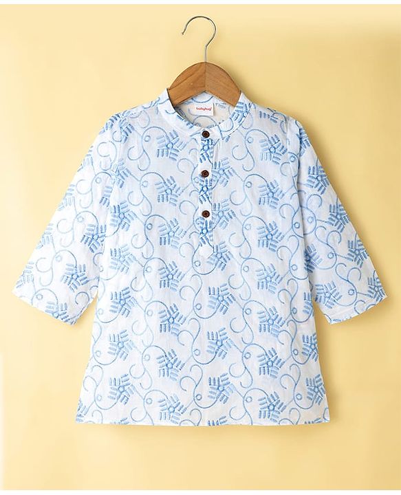 Babyhug 100% Cotton Cambric Woven Embroidered Full Sleeves Kurta Pajama Set - Blue & White