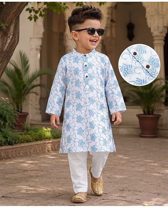 Babyhug 100% Cotton Cambric Woven Embroidered Full Sleeves Kurta Pajama Set - Blue & White