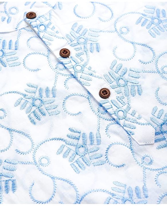 Babyhug 100% Cotton Cambric Woven Embroidered Full Sleeves Kurta Pajama Set - Blue & White