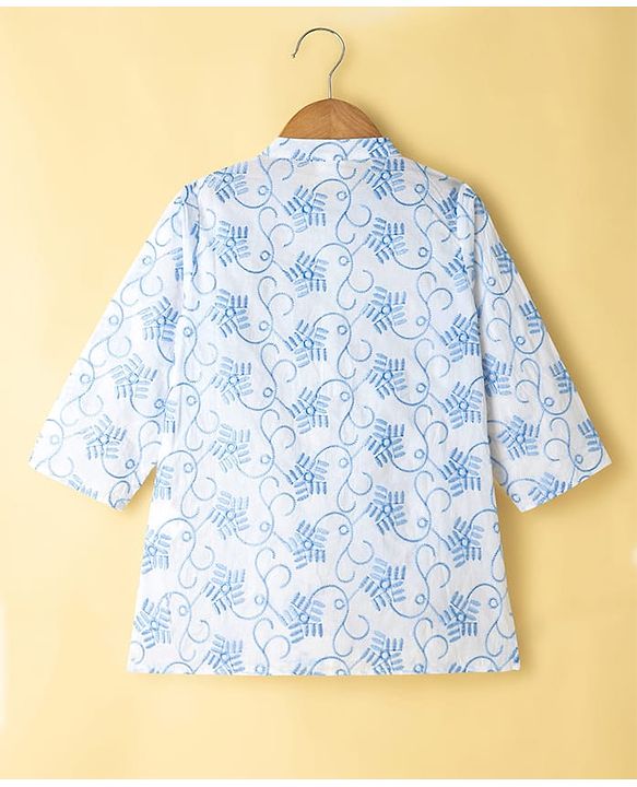Babyhug 100% Cotton Cambric Woven Embroidered Full Sleeves Kurta Pajama Set - Blue & White