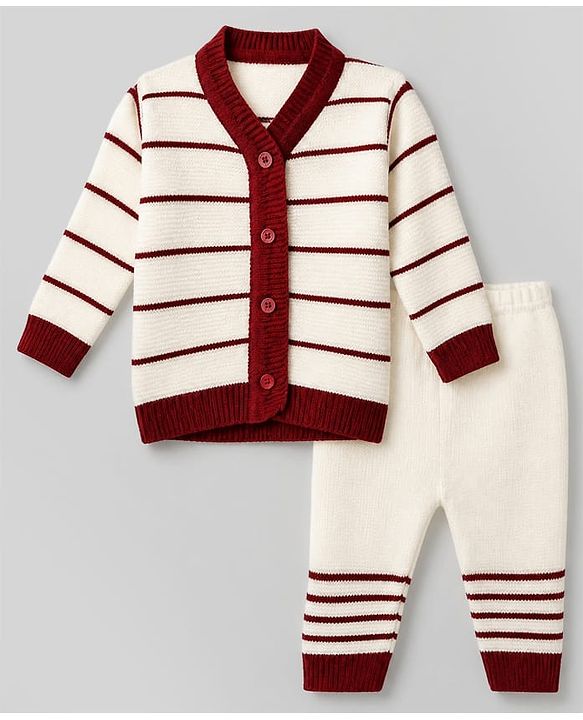 Babyhug Knit Full Sleeves Striped Sweater Set with Cap & Booties - White