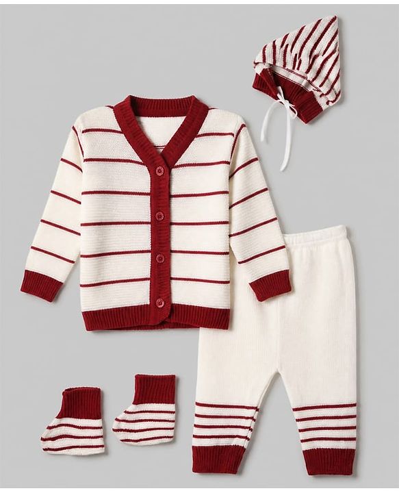 Babyhug Knit Full Sleeves Striped Sweater Set with Cap & Booties - White