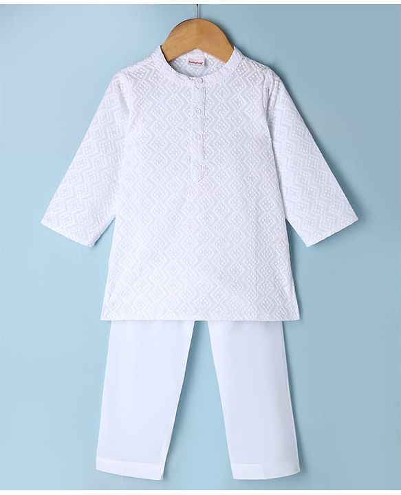 Babyhug 100% Cotton Woven Full Sleeves Kurta & Pyjama Set with Geometric Embroidery in White