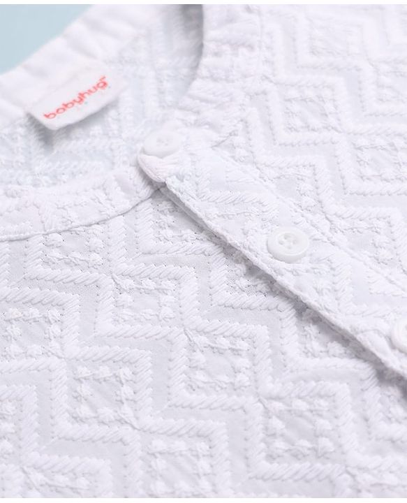 Babyhug 100% Cotton Woven Full Sleeves Kurta & Pyjama Set with Geometric Embroidery in White