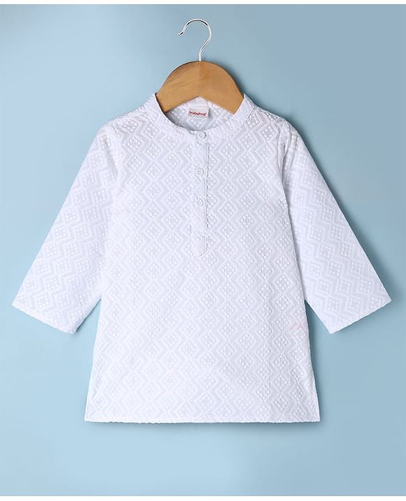 Babyhug 100% Cotton Woven Full Sleeves Kurta & Pyjama Set with Geometric Embroidery in White