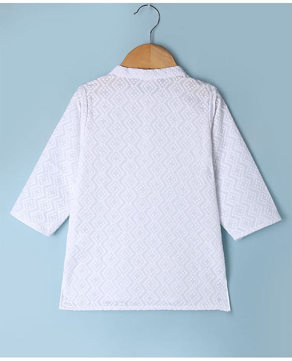 Babyhug 100% Cotton Woven Full Sleeves Kurta & Pyjama Set with Geometric Embroidery in White