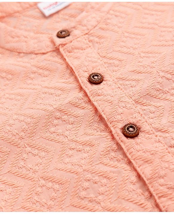 Babyhug 100% Cotton Cambric Full Sleeves Kurta Pyjama Set with Diamond Embroidery in Peach