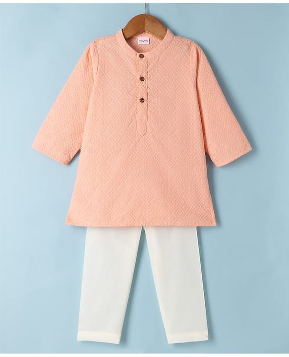Babyhug 100% Cotton Cambric Full Sleeves Kurta Pyjama Set with Diamond Embroidery in Peach