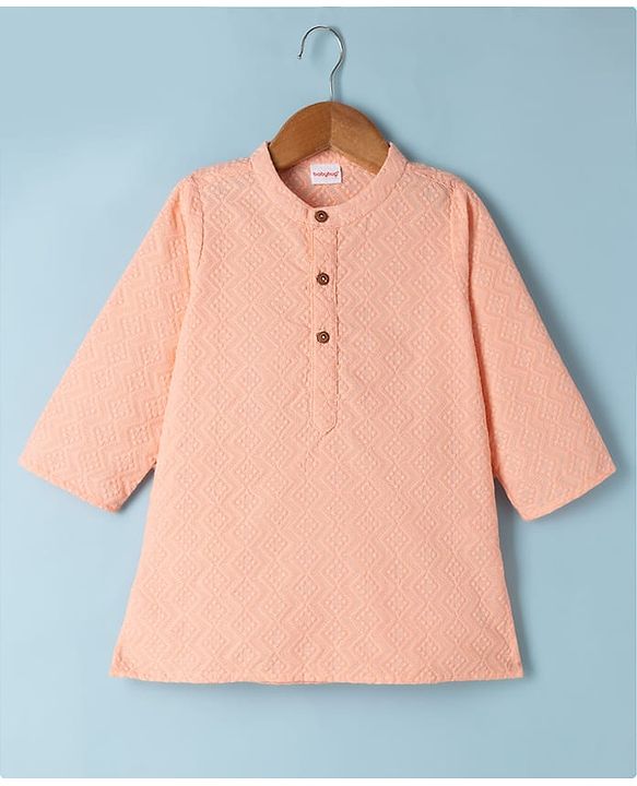Babyhug 100% Cotton Cambric Full Sleeves Kurta Pyjama Set with Diamond Embroidery in Peach