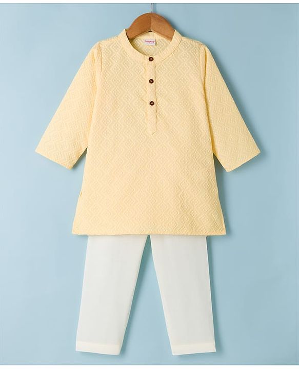 Babyhug 100% Cotton Cambric Woven Full Sleeves Kurta and Pajama with Embroidery -Yellow