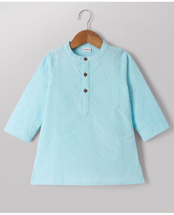 Babyhug 100% Cotton Cambric Full Sleeves Kurta Pyjama Set with Diamond Embroidery in Sky Blue