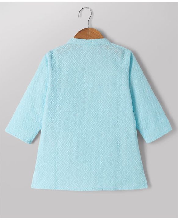 Babyhug 100% Cotton Cambric Full Sleeves Kurta Pyjama Set with Diamond Embroidery in Sky Blue