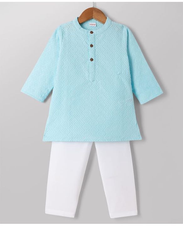 Babyhug 100% Cotton Cambric Full Sleeves Kurta Pyjama Set with Diamond Embroidery in Sky Blue