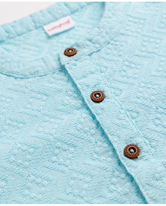 Babyhug 100% Cotton Cambric Full Sleeves Kurta Pyjama Set with Diamond Embroidery in Sky Blue