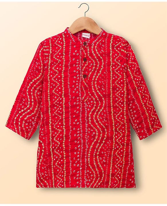 Babyhug 100% Cotton Cambric Woven Full Sleeves Kurta Pajama Set with Bandhani Print - Red